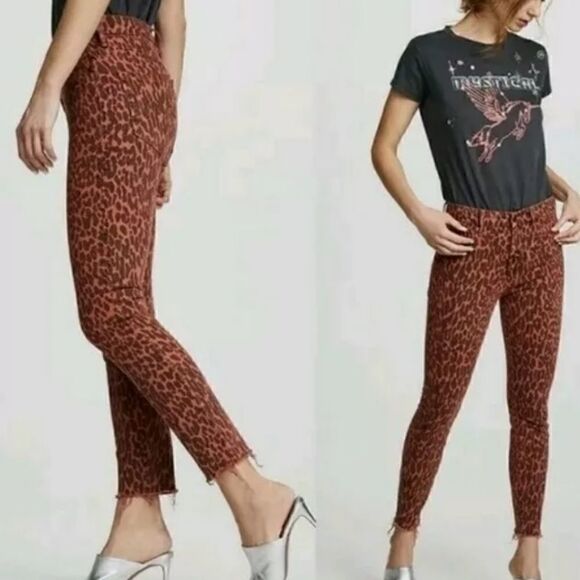 NWT Mother "The Looker" Jeans Red Leopard Print High Waisted Raw Hem Sz. 24 $269 - Picture 1 of 10